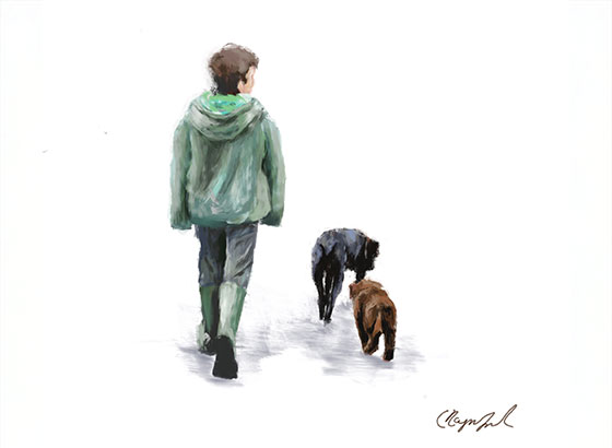 Boy and his dogs - Personalised digital family artwork London. Clementina Raynsford