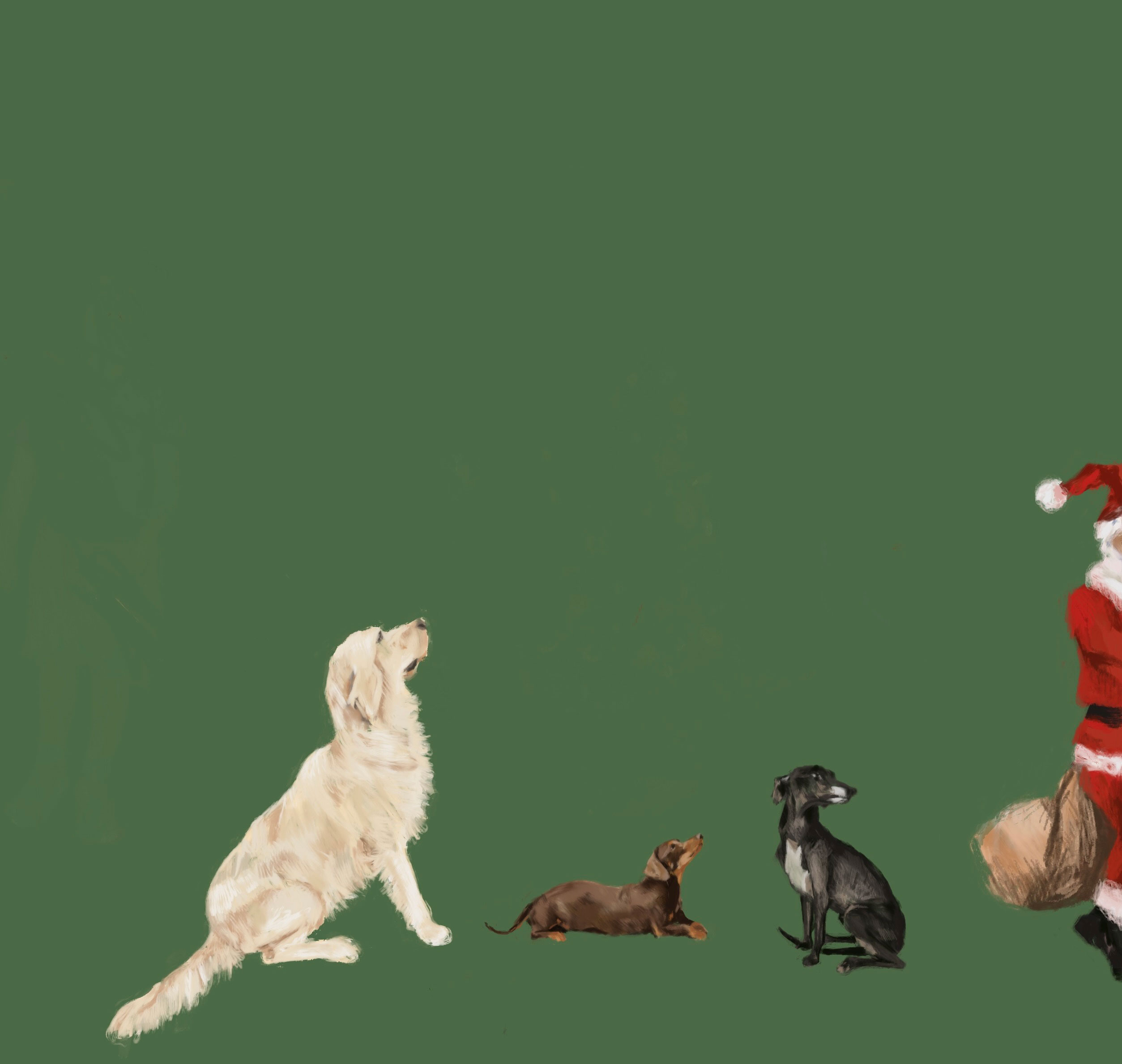Dogs and Santa Christmas Card - Digital artwork London. Clementina Raynsford