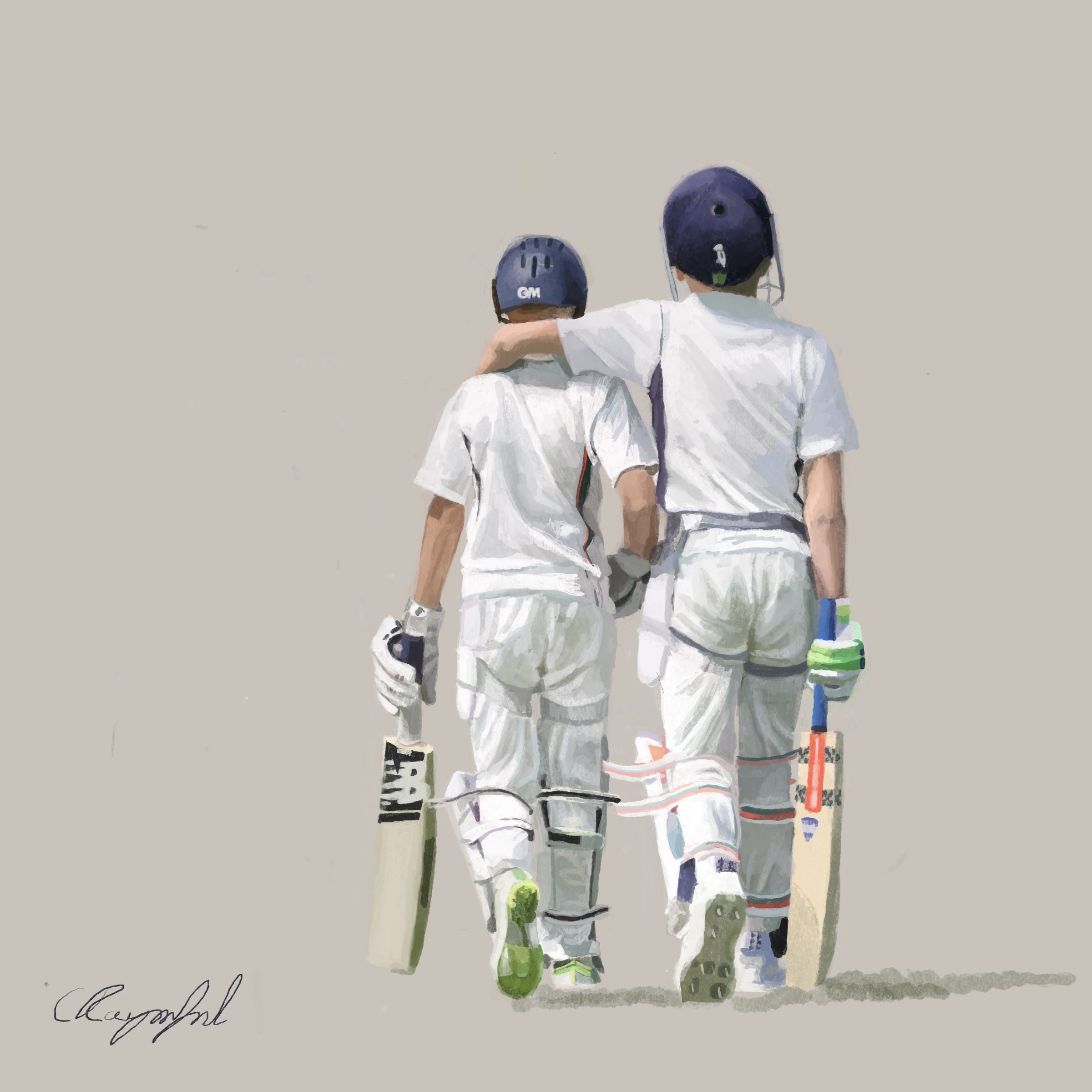 Digital painting of two boys in cricket whites and navy helmets walking away from the viewer carrying bats, one with his arm around the other’s shoulder, on a pale grey background.